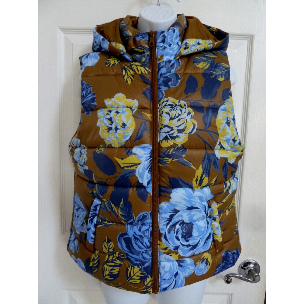 OFFLINE by Aerie Floral Puffer Vest Hooded Zip Pockets Brown Blue Small